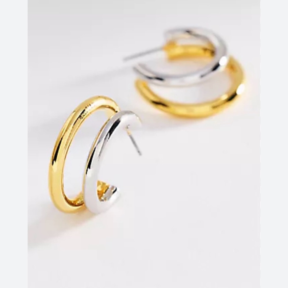 Anthropologie Mixed Metal Stacked Double Hoop Earrings NWT